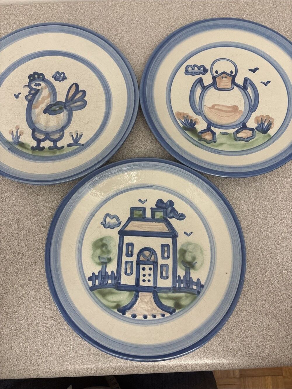 Vtg M.A. Hadley Farm Folk Art Duck, Chicken,  House, 11” Dinner Plates, Lot of 3